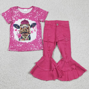 Love Cow Bleached Hot Pink Jeans Girls Valentine Outfits