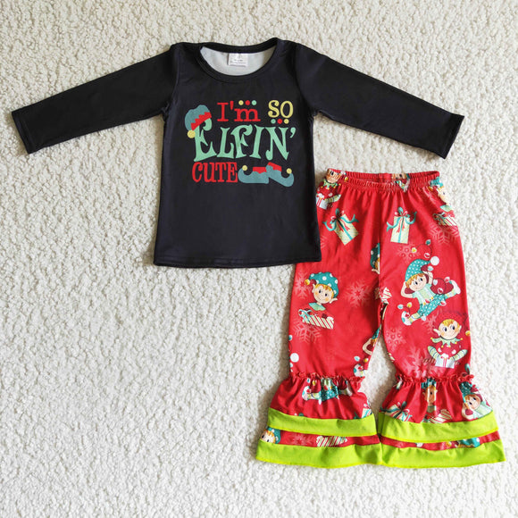 Promotional so cute Letters Black Red Girls Christmas Outfits