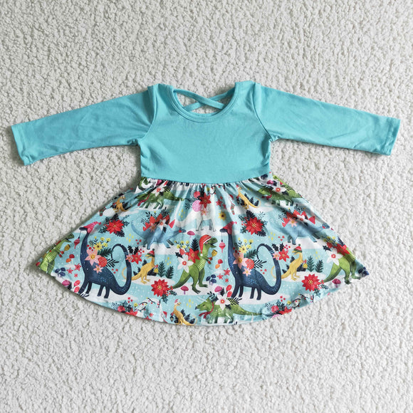 Promotional Dinosaur Sky Blue Criss-Cross Girls Christmas Dress