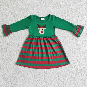 Reindeer Embroidery Red Stripe Green Girls Christmas Dress