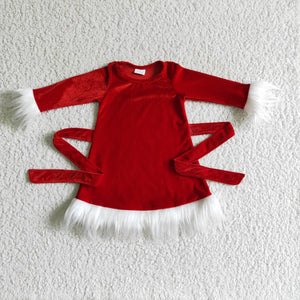 Solid Red Fur Velvet Girls Christmas Dress