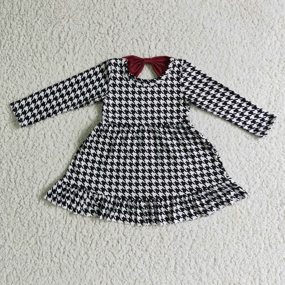 Promotional Dark Red Bow Plaid Houndstooth Girls Long Sleeve Dress