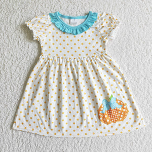 Pumpkin Sky Blue Ruffles Orange Polka Dots Girls Short Sleeve Dress