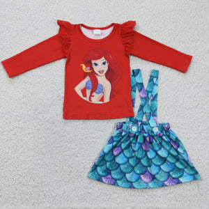 Cartoon Mermaid Red Suspenders Skirts Girls Overalls Sets