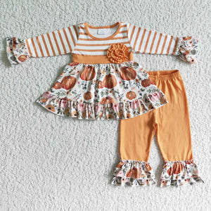 Pumpkin Orange Stripes Girls Long Sleeve+Trousers Sets