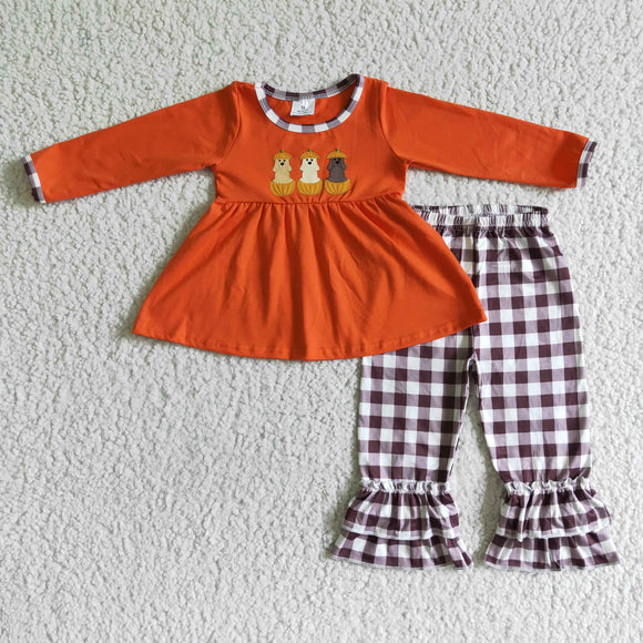 Pumpkin Dogs Embroidery Plaid Orange Girls Long Sleeve+Trousers Sets