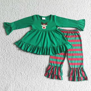 Reindeer Embroidery Green Stripes Girls Christmas Outfits