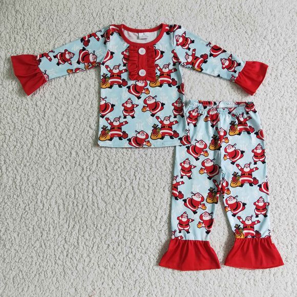 Promotional Santa Sky Blue Ruffles Red Girls Christmas Pajamas