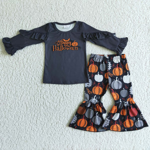 Happy Pumpkin Black Ruffles Girls Halloween Outfits