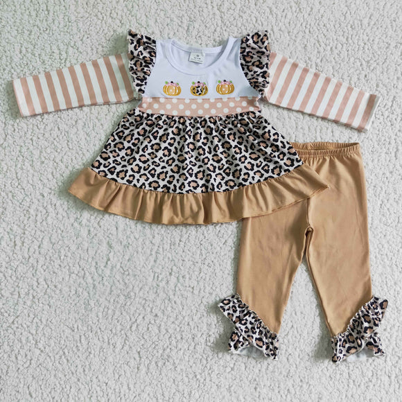 Three Pumpkins Embroidery Khaki Stripe Leopard Print Legging Girls Long Sleeve+Trousers Sets