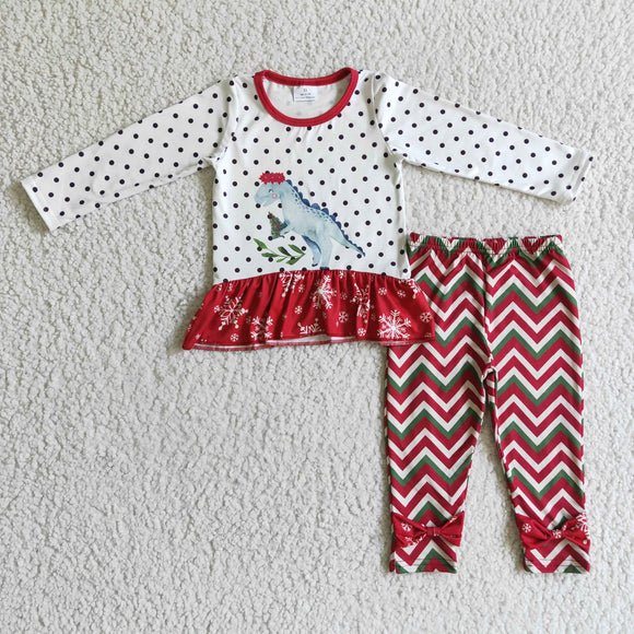 Promotional Dinosaur Polka Dots White Red Girls Christmas Outfits