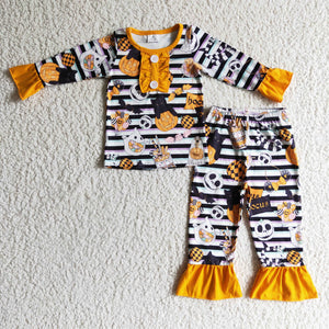 Candy Pumpkin Orange Black Stripes Girls Halloween Pajamas