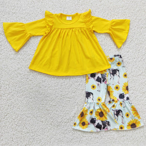 Solid Yellow Sunflower Cow Girls Long Sleeve+Trousers Sets