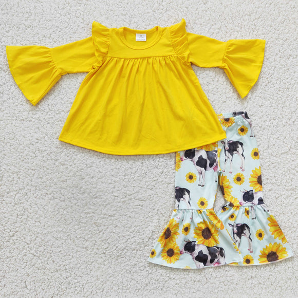 Solid Yellow Sunflower Cow Girls Long Sleeve+Trousers Sets