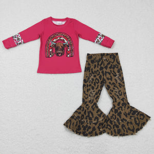 Rainbow Cow Brown Leopard Print Denim Girls Long Sleeve+Trousers Sets