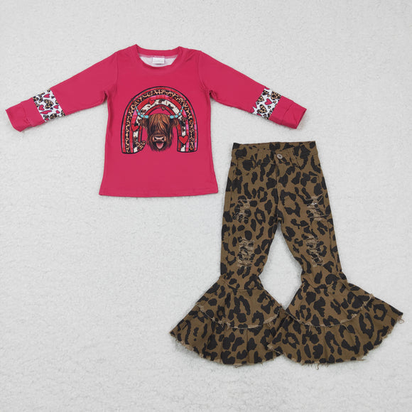 Rainbow Cow Brown Leopard Print Denim Girls Long Sleeve+Trousers Sets