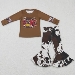 Babe Cow Print Brown Denim Girls Long Sleeve+Trousers Sets