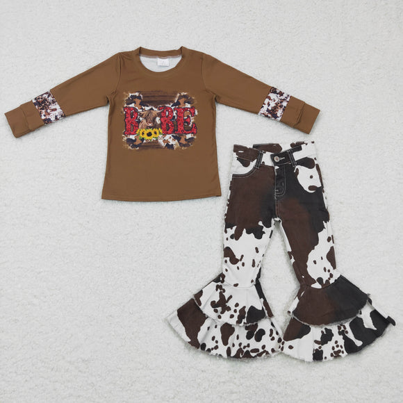 Babe Cow Print Brown Denim Girls Long Sleeve+Trousers Sets