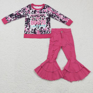 Boots Cow Print Hot Pink Denim Girls Long Sleeve+Trousers Sets