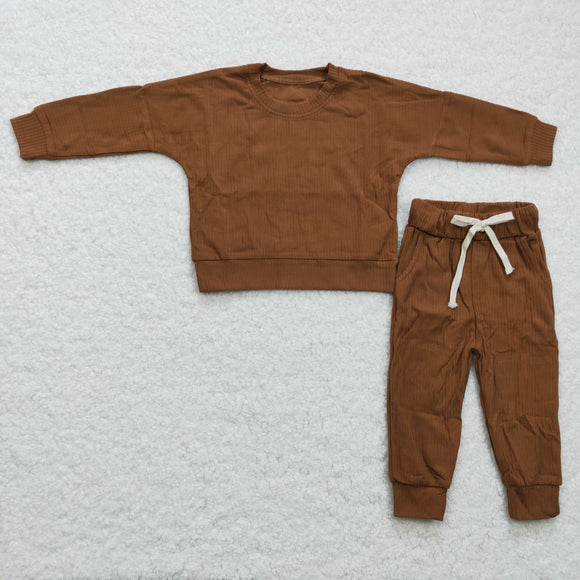 Limited inventory!-Solid Dark Brown Cotton Boys Long Sleeve+Trousers Sets