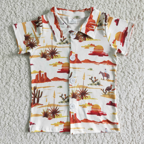 Sunset Rodeo Cactus Light Yellow Boys Shirts Turn Down Collar Tops