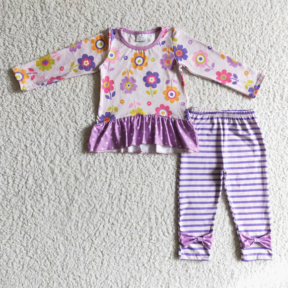 Promotional Floral Purple Stripe Legging Girls Long Sleeve+Trousers Sets