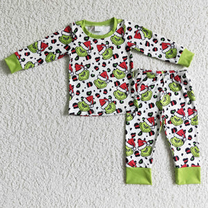 Promotional Cartoon Leopard Print Green White Boys Christmas Pajamas