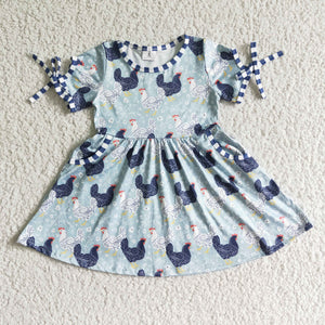 Promotional Chicken Blue Plaid Girls Short Sleeve Dress