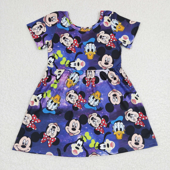 Promotional Cartoon Blue Purple Girls Short Sleeve Dress