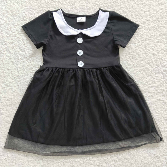 Promotional Wednesday Black Gauze Collar Girls Short Sleeve Dress