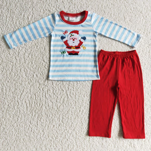 Santa Embroidery Sky Blue Red Boys Christmas Outfits