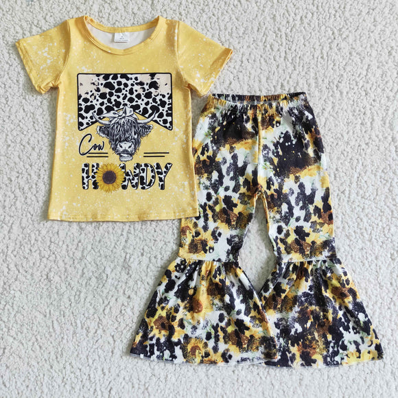 Cow Howdy Sunflower Girls Short Sleeve+Trousers Sets