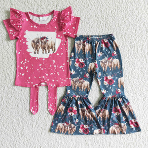 Cow Criss-Cross Hot Pink Girls Short Sleeve+Trousers Sets