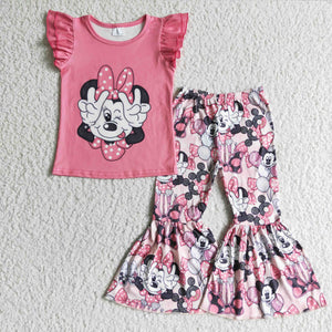 Promotional Cartoon Bow Pink Girls Short Sleeve+Trousers Sets