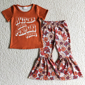 Autumn Leaves Pumpkin Please Letters Orange Girls Short Sleeve+Trousers Sets