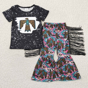 Leopard Print Eagle Gem Black Tassels Girls Short Sleeve+Trousers Sets