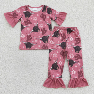 Yak Cactus Floral Pink Girls Short Sleeve Pajamas