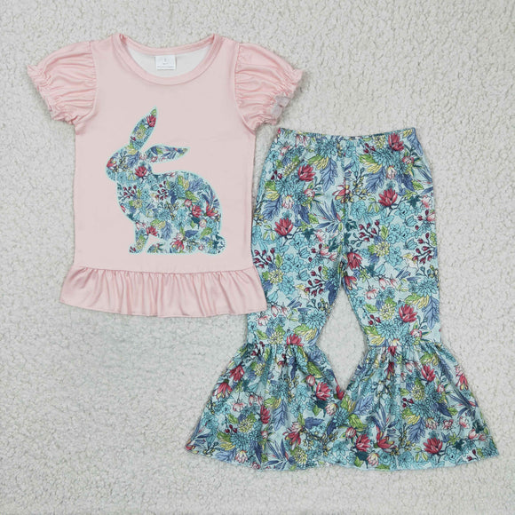 Floral Bunny Pink Ruffles Girls Easter Outfits