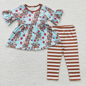 Cartoon Sky Blue Brown Stripe Legging Girls Short Sleeve+Trousers Sets