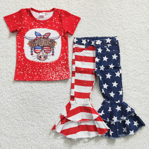 Cow Red Patchwork Jeans Girls 4th of July Outfits