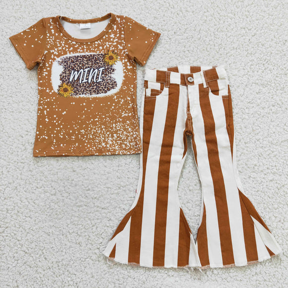 Mini Brown Jeans Girls Short Sleeve+Trousers Sets