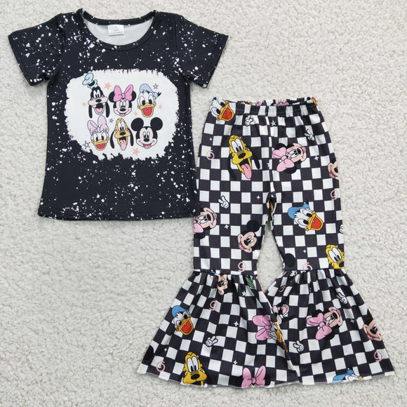 Cartoon Black White Plaid Girls Short Sleeve+Trousers Sets