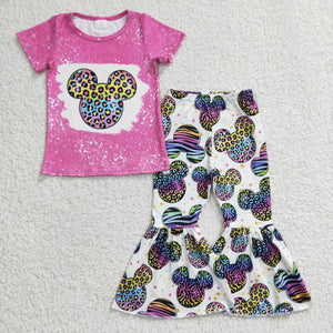 Cartoon Leopard Print Hot Pink Girls Short Sleeve+Trousers Sets