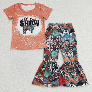 All for Show Cow Orange Girls Short Sleeve+Trousers Sets