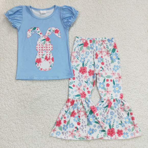 Floral Bunny Sky Blue Girls Easter Outfits