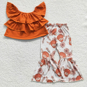 Solid Orange Ruffles Highland Cow Yak Girls Short Sleeve+Trousers Sets