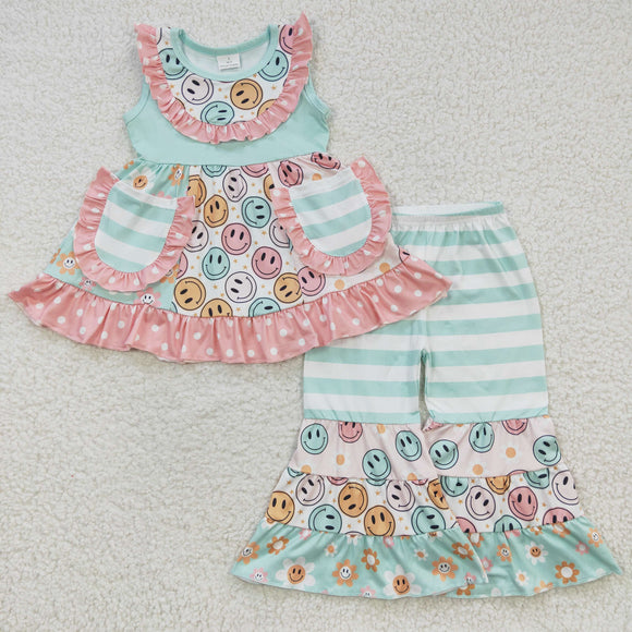 Smile Pink Ruffles Green Stripe Girls Short Sleeve+Trousers Sets