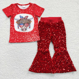 Cow Red Sequins Girls 4th of July Outfits