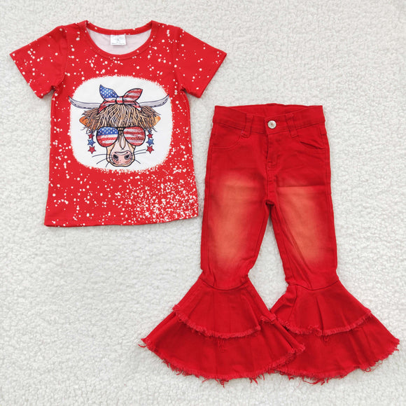 Cow Red Patchwork Bleached Jeans Girls 4th of July Outfits