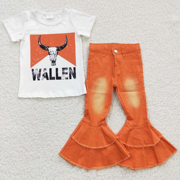 Wallen White Orange Bleached Jeans Girls Short Sleeve+Trousers Sets